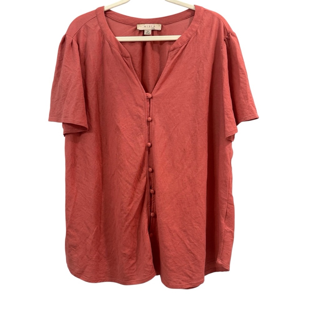 Misia Curvy 2X Blouse | Dusty Rose Button-Up Flutter Sleeve